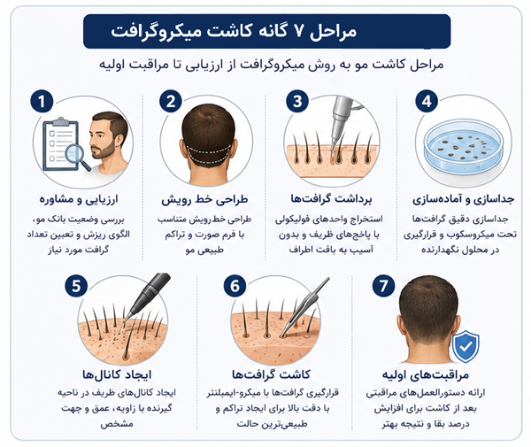 کاشت مو میکروگرافت در شیراز | بررسی تخصصی، روش انجام 7 مرحلهای، مقایسه و تصمیمگیری 3 مراحل 7 گانه کاشت مو میکروگرافت