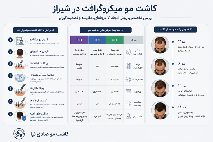 کاشت مو میکروگرافت در شیراز | بررسی تخصصی، روش انجام 7 مرحلهای، مقایسه و تصمیمگیری 1 کاشت مو میکروگرافت در شیراز